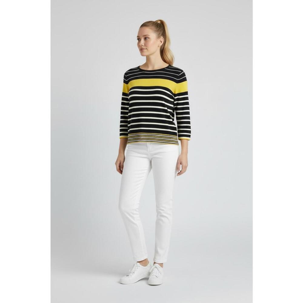 Talbots Women’s Navy, Yellow, White Striped 3/4 Sleeve Sweater, Size MP